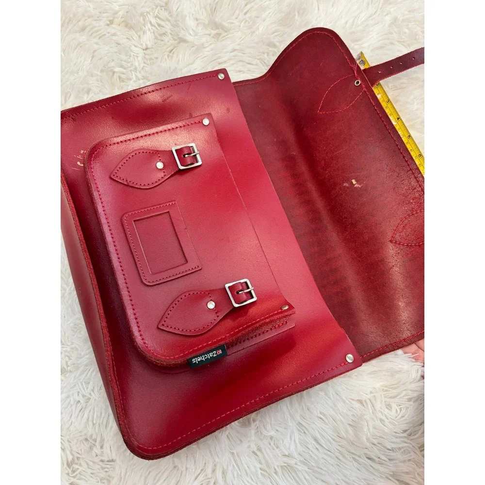 Zatchels Red Leather Satchel Messenger Bag Handmade in England 14.5 Inch